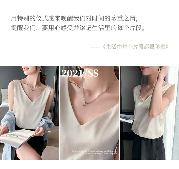 Ladies Silk Suspenders Solid Satin Vest Spring Autumn 2022 New Wild Pullover Tops Women Interior Front/Rear V-Neck Summer Thin