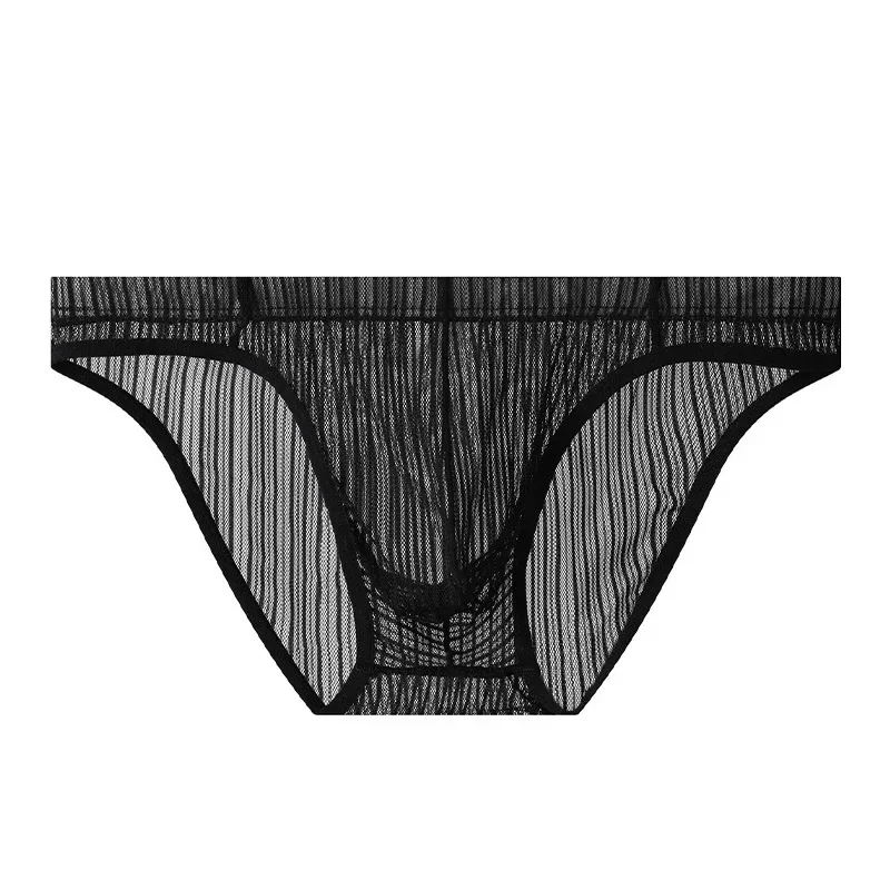 Men Briefs Stripe Mesh Ice Silk Underwear Ultra-Thin Bikini Breathable Translucent U Convex Pouch Exotic Lingerie String Homme
