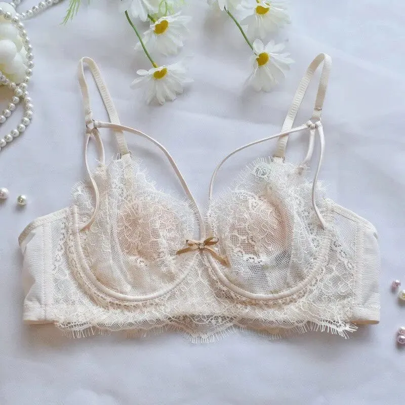 Coreano tendência quente puro desejo conjunto de sutiã de renda underwire copo fino push up grande busto visualmente pequeno anti droop lingerie 32-38 quente