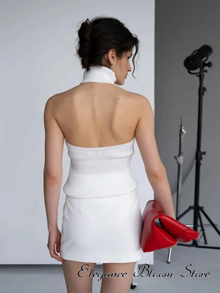 Solid Color Knit Sleeveless Tank Top Women High Neck Backless Slightly Fitted Cropped Vest Minimal Daily Fashion Casual Outfit