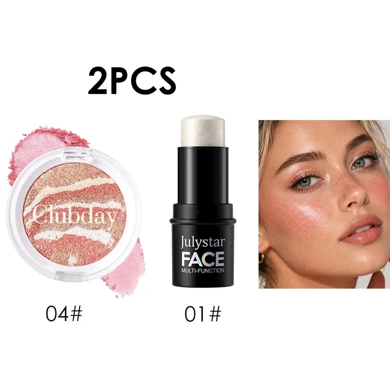 Conjunto combinado de blush e destaque, acabamento orvalhado luminoso, cor edificável, uso de longa duração para maquiagem facial com brilho natural