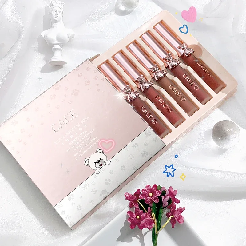 5 cores conjuntos de maquiagem lipgloss batom líquido à prova dwaterproof água fosco duradouro veludo lama labial sexy vermelho moda mancha labial cosméticos
