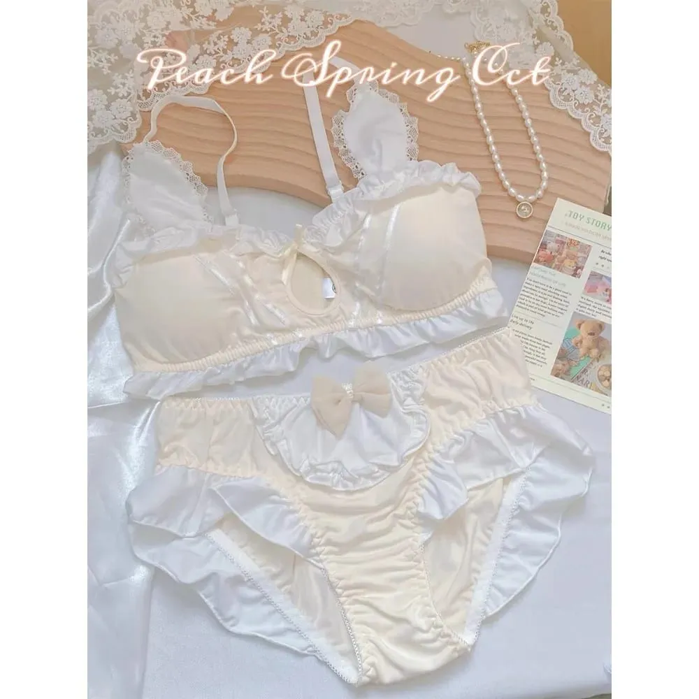 Bonito japonês coelho orelha sutiã calcinha conjunto sem fio fino triângulo sutiã para pequeno peito plano respirável roupa interior diária S-XL