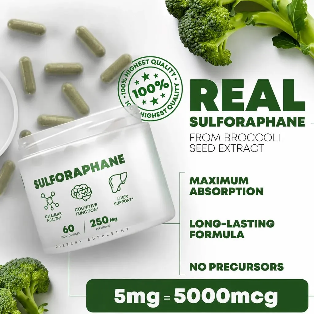 5 000mcg Sulforafano de extrato de semente de brócolis cápsulas veganas com suporte imunológico mirosinase 2 cápsulas servindo 60 contagens