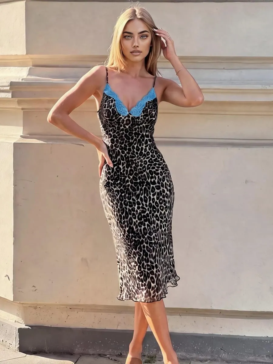 Dulzura feminino sexy leopardo sem costas rendas retalhos malha deslizamento midi vestido moda elegante sereia vestido de festa à noite roupas de baile