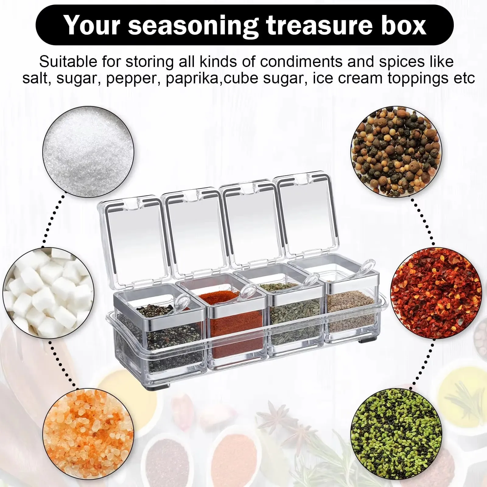 Acessórios de cozinha gourmet caixa de tempero acrílico com 4 colheres de servir conjunto frasco de especiarias condimento garrafa cruet suprimentos de cozinha