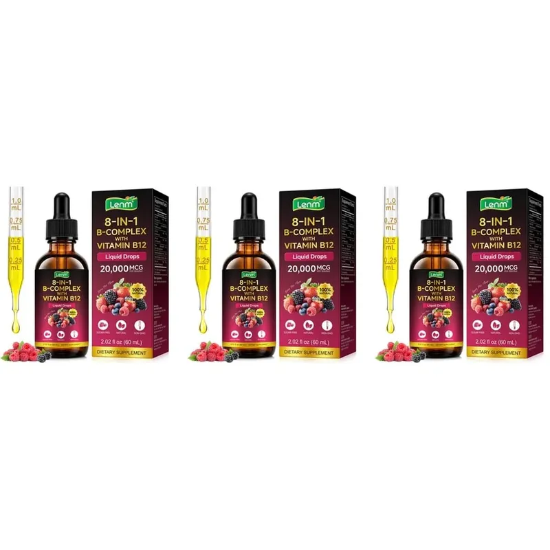 Lenm Vitamin B12 B-Complex Liquid Drops 8 em 1 apoia o sistema nervoso, a saúde imunológica e a energia diária 60 ML sem açúcar e não OGM