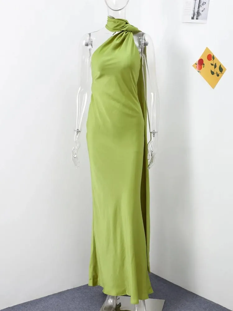 Elegant Ribbon Halter Dress Women Solid Off Shoulder Sleeveless Backless Slim Maxi Dresses 2025 Summer Autumn Party Robes Lady — image 4