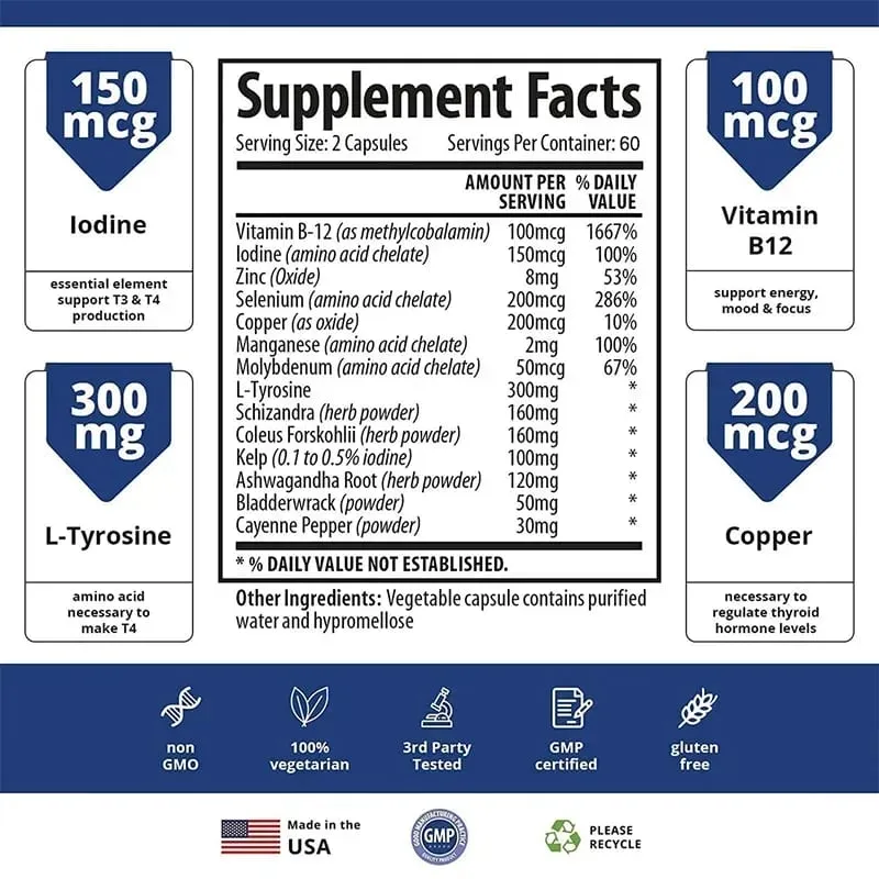 Suplemento para tireoide rico em iodo, vitamina B12, zinco, selênio, promove a saúde da tireoide e alivia a fadiga
