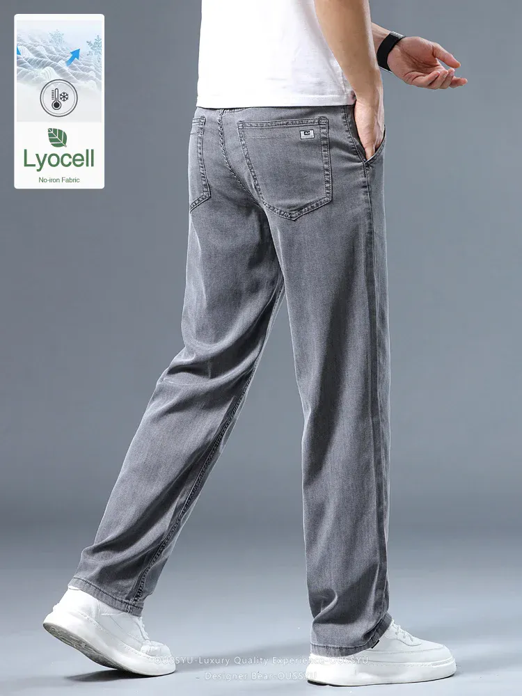 Verão fino masculino solto calças de brim retas lyocell macio drape negócios calças casuais fumaça cinza gelo seda calças plus size 40 42