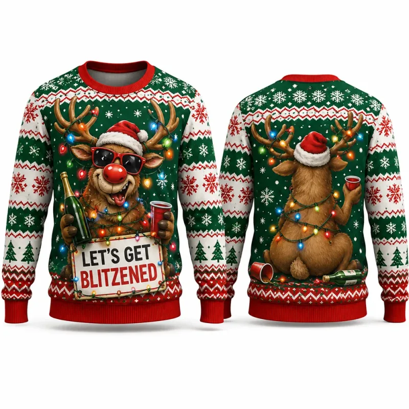 Lets Get Blitzened Reindeer Christmas Sweatshirt 3D Print Crewneck Unisex New Funny Ugly Xmas Party Holiday Jumper Autumn Wear — image 6