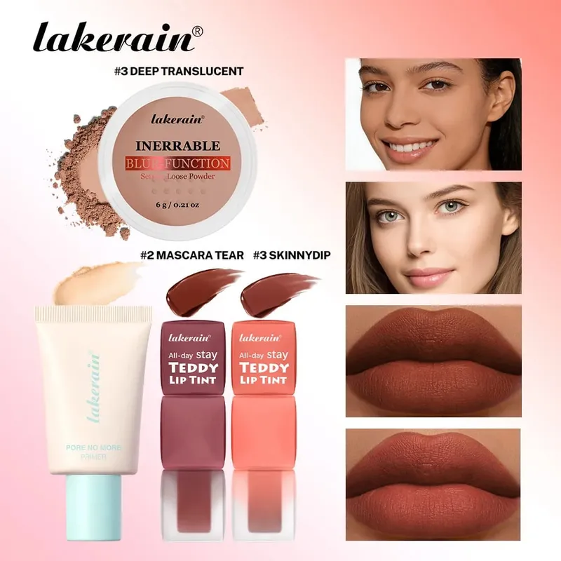 4pcs/set Pore No More Primer + Lip Tint + Loose Setting Powder Makeup Set Matte Long-Lasting Waterproof Effect Travel Portable