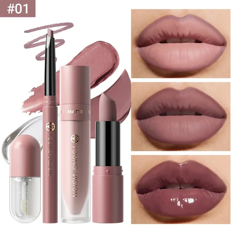 Conjunto de 4 unidades kit de maquiagem labial forro batom líquido óleo labial 8 cores opcionais fosco veludo labial para maquiagem diária de festa