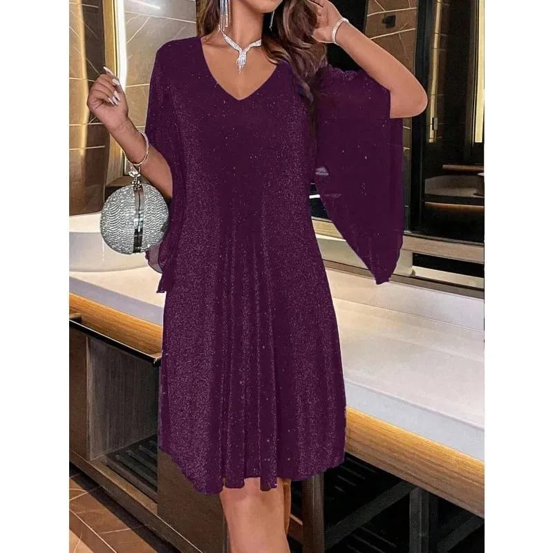 Bright Sequin Dresses Women V-neck See Through Chiffon Patchwork Irregular Half Sleeves Loose Mini Dress Female Vestidos 2024