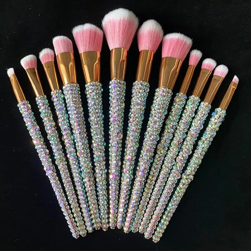 Pincéis de maquiagem cravejados de diamantes 12 Pçs/set Gemas Ferramentas de beleza de maquiagem Full Diamond Loose Powder Foundation Pincel corretivo Bling
