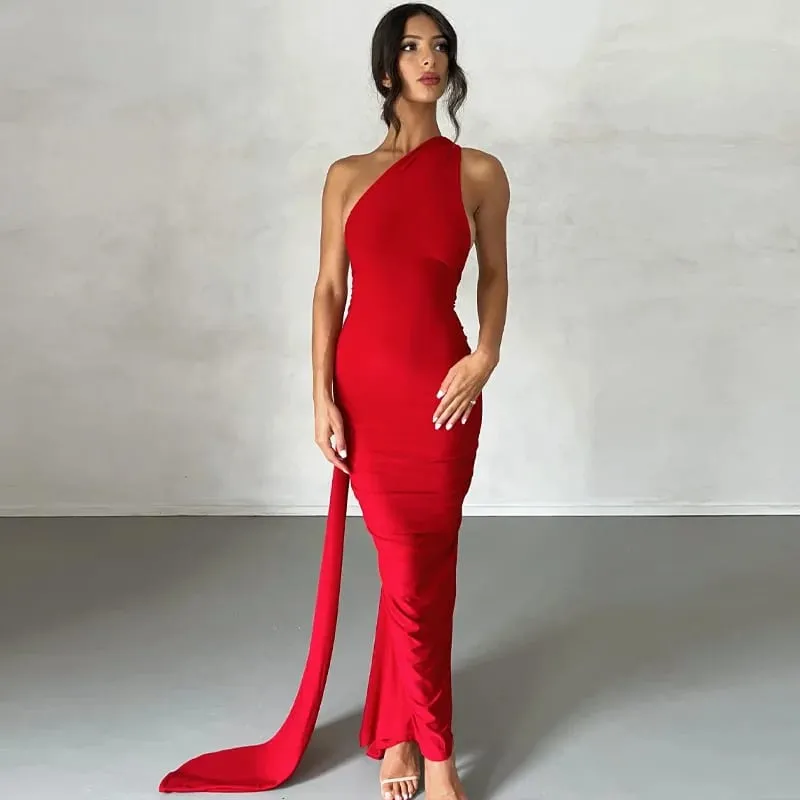 Hugcitar One Shoulder Backless Adjustable Scarf Loop Ruched Sexy Maxi Dress Women Elegant Y2K Streetwear Festival Outfit