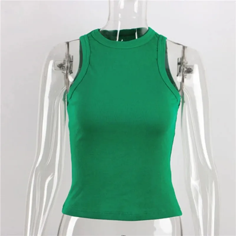 Ribbed Knitted Tops Neck Summer Basic Shirts White Black Casual Sport Vest Off Shoulder Green Women's Tank Top