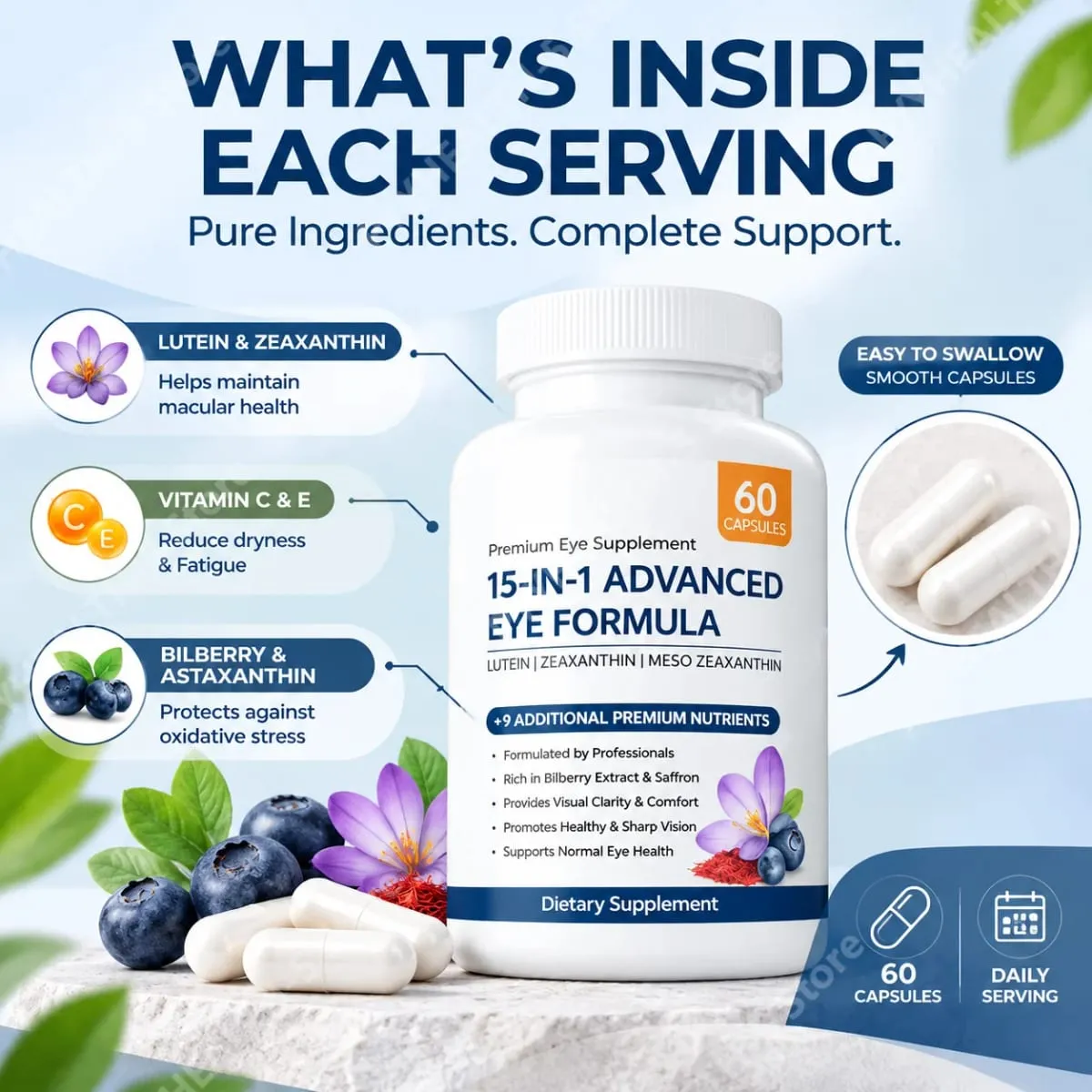 Cápsulas avançadas de nutrição ocular Luteína Zeaxantina Astaxantina alivia a secura e fadiga ocular Antioxidante Suporte para os olhos 60 contagens