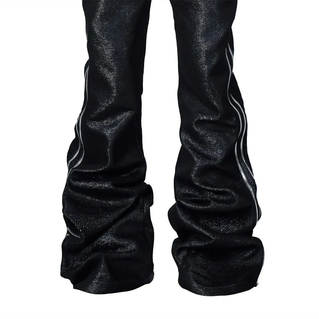 Alta qualidade fio de prata tecido textura de metal bootcut jeans homem lado duplo zíper gótico punk empilhados jeans