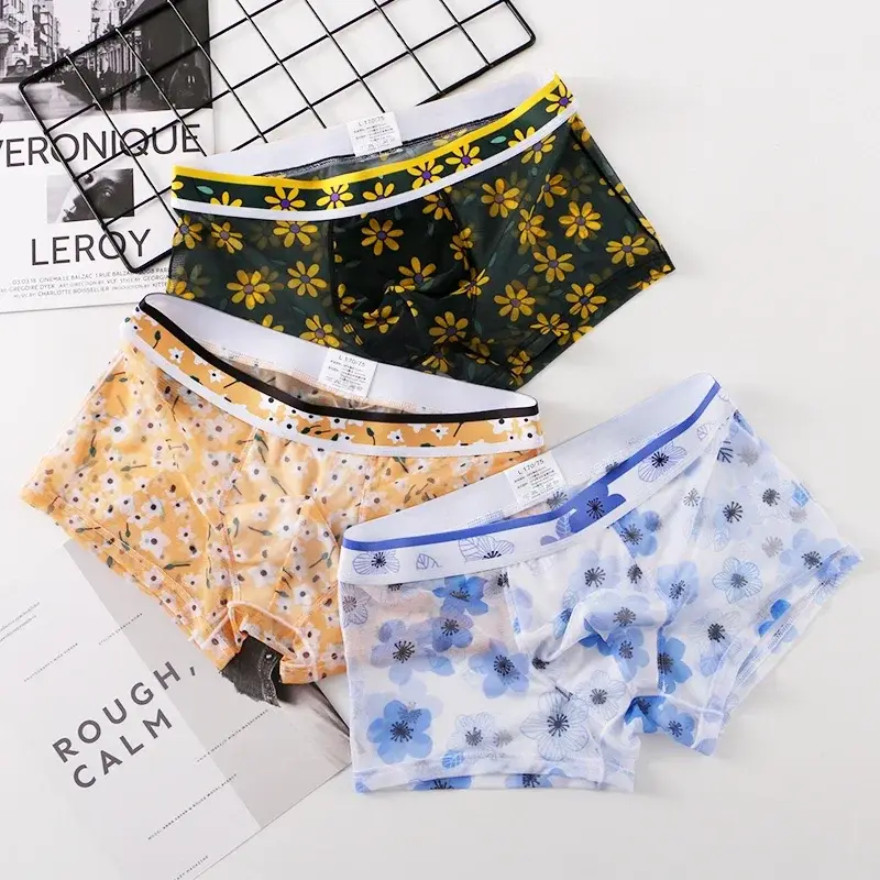Cuecas boxer de malha masculina estampa floral roupa interior de seda gelo ultra-fino transparente respirável macio alto estiramento calcinha de secagem rápida