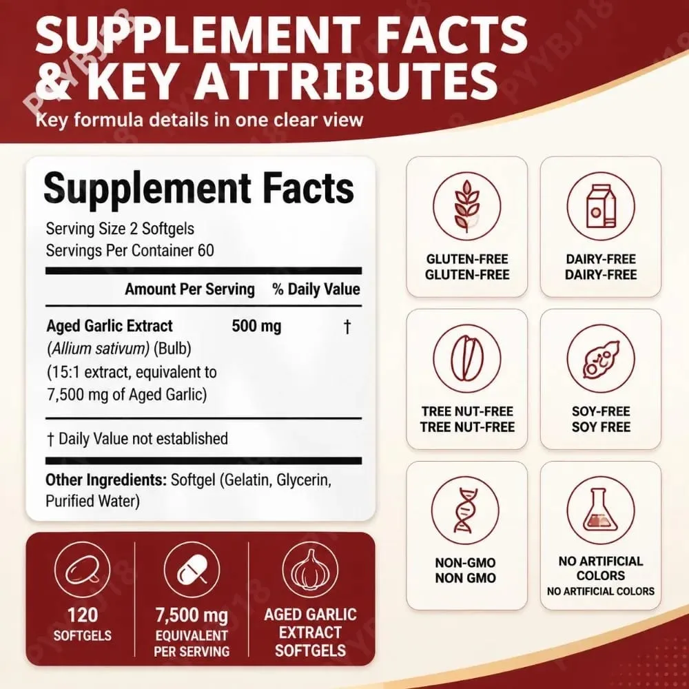 Cápsulas softgel de extrato de alho envelhecido equivalente a 7500 mg por porção para circulação e função cardíaca, antioxidante e suporte imunológico 120Ct — image 3