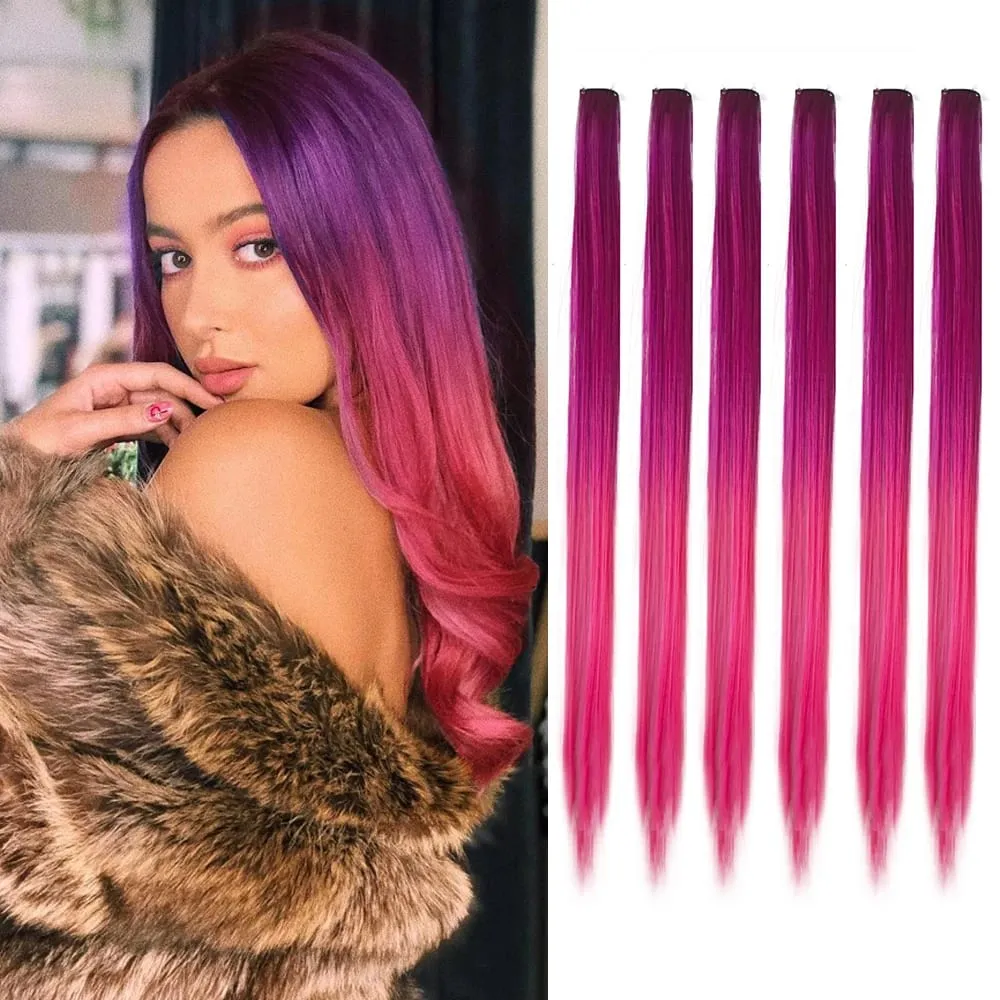 6 unidades/pacote colorido festa destaques clipe em extensões de cabelo 22 polegadas multi-cores cabelo liso sintético postiços — image 24