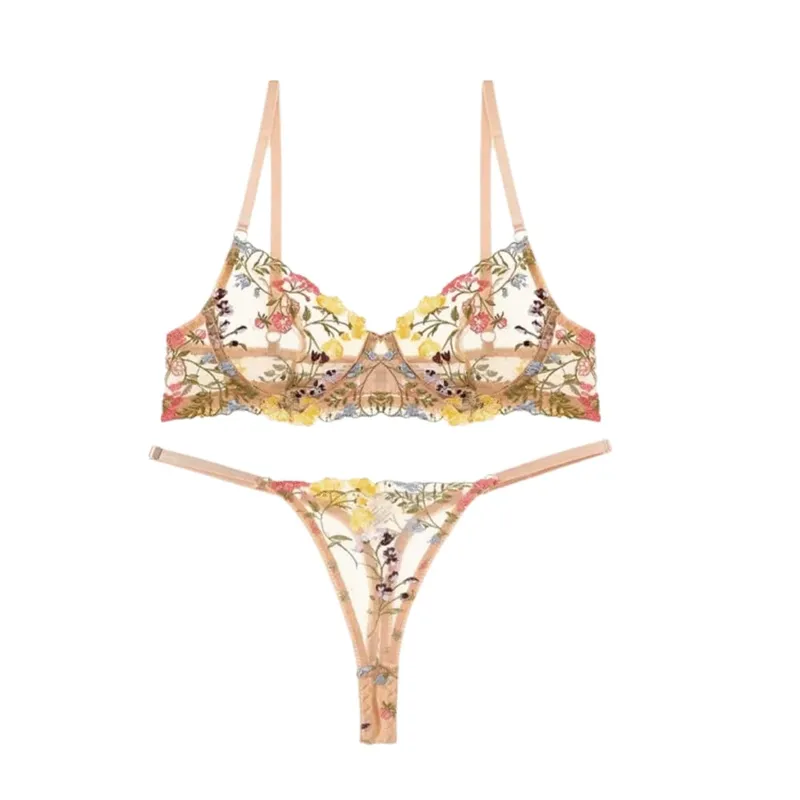 Versatile Transparent Lingerie Set Ultra-thin Elegant Embroidery Floral Underwear Push Up Panties Bra Set Women