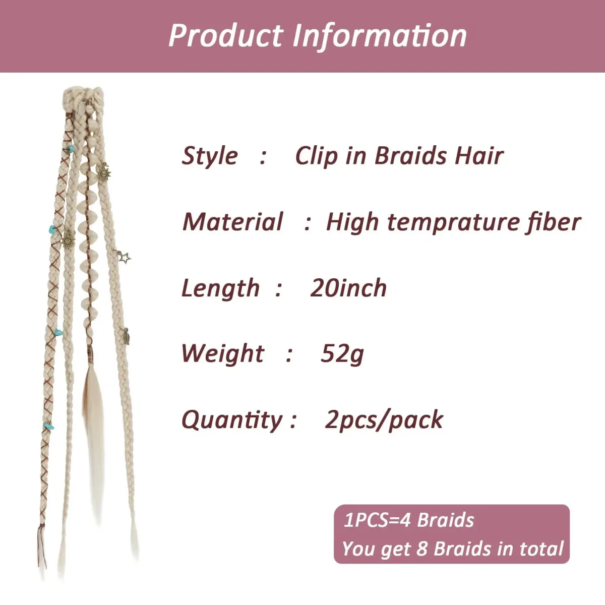 Clipe em extensões de cabelo trançado para mulheres 20 "Boho Dreadlock Clipe em tranças com miçangas e amuletos 2 peças de cabelo sintético trançado
