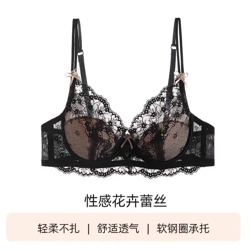 女用蕾絲全罩杯最小胸罩套裝薄款聚攏防下垂舒適內衣內衣適合大胸柔軟日常內衣
