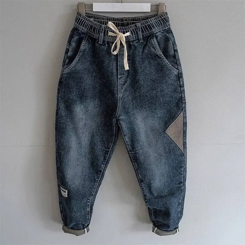 Solto cintura elástica denim jeans primavera outono emendado harem calças casuais masculinas 2024 coreano novo estiramento baggy carga jeans