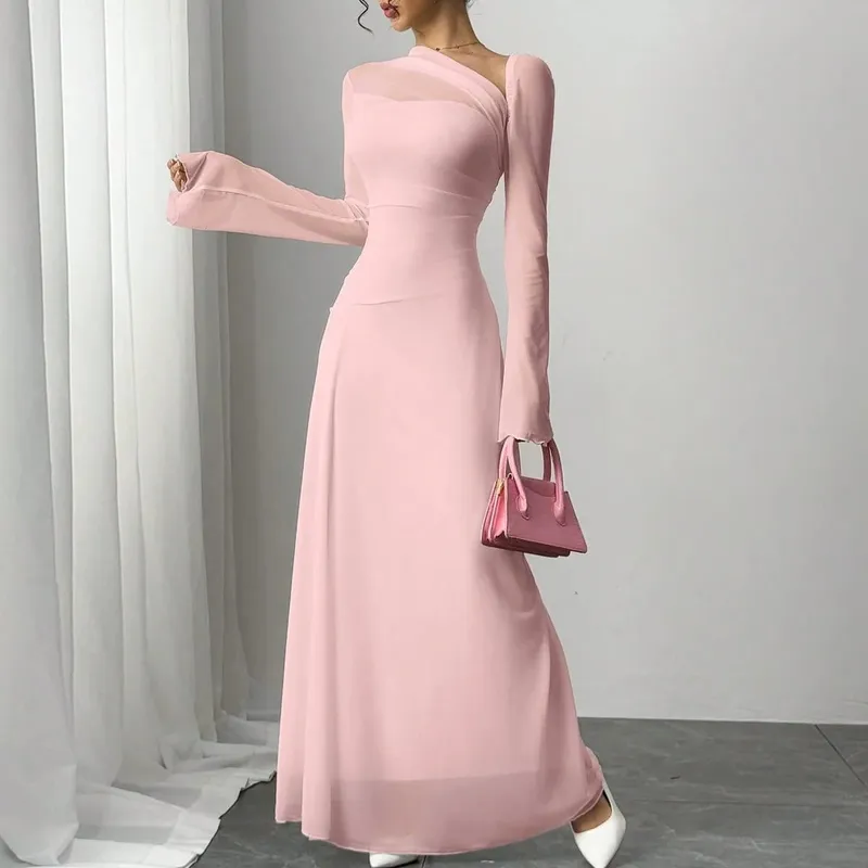 Nova primavera/verão feminino rosa tule explosão fino irregular diagonal ombro ultra longo vestido