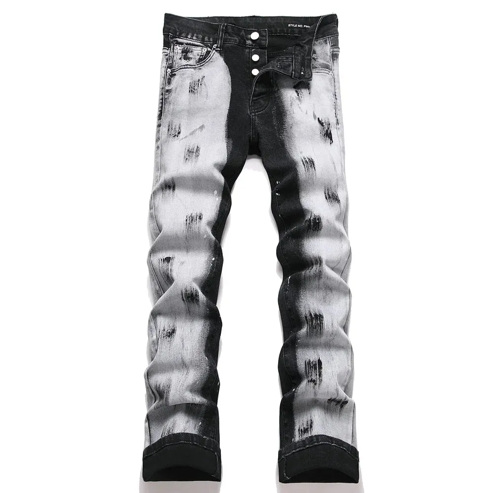 Calça jeans masculina com corte de bota, botão pintado, slim, larga, casual, streetwear, stretch, elastano, algodão