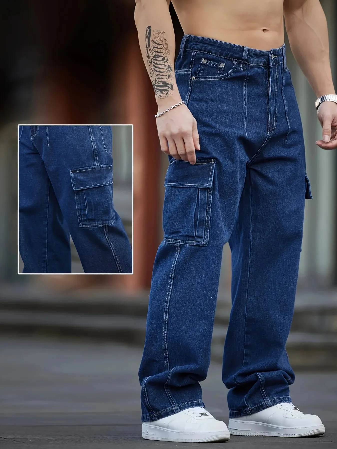 Men's Deep Blue Washed Denim Workwear Jeans Casual Multiple Pockets Design Loose Wide Leg Trousers Y2K Style Cargo Pants — image 7