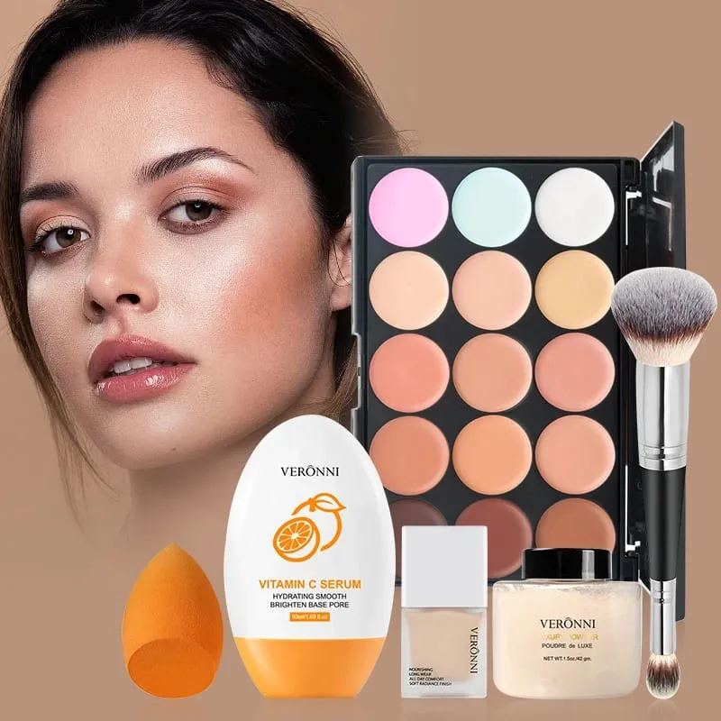 Conjunto de maquiagem facial, base líquida, pó solto, primer à prova d'água, longa duração, cobertura completa, corretivo, cosméticos femininos, maquiagem facial