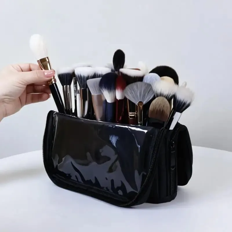 1pc dobrável maquiagem artista armazenamento pincéis de maquiagem bolsa stand-up pincéis de maquiagem saco de armazenamento com divisores ajustáveis ​​+ ~