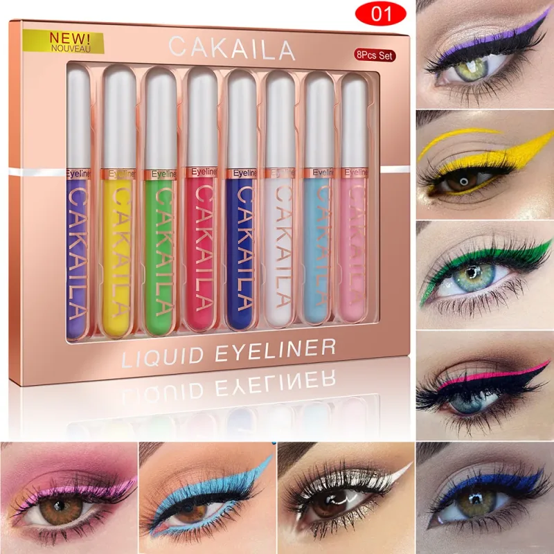 Conjunto de canetas delineadoras à prova d'água, 8 cores, glitter de longa duração e maquiagem colorida para os olhos, cosméticos de beleza fosco, kit de lápis de delineador