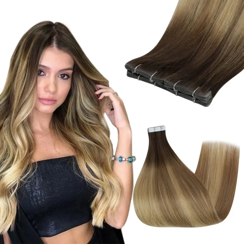 Moresoo Injection Tape Hair Extensions Ash Blonde Highlight Virgin Hair Natural Straight Brazilian Tape in Human Hair Extension