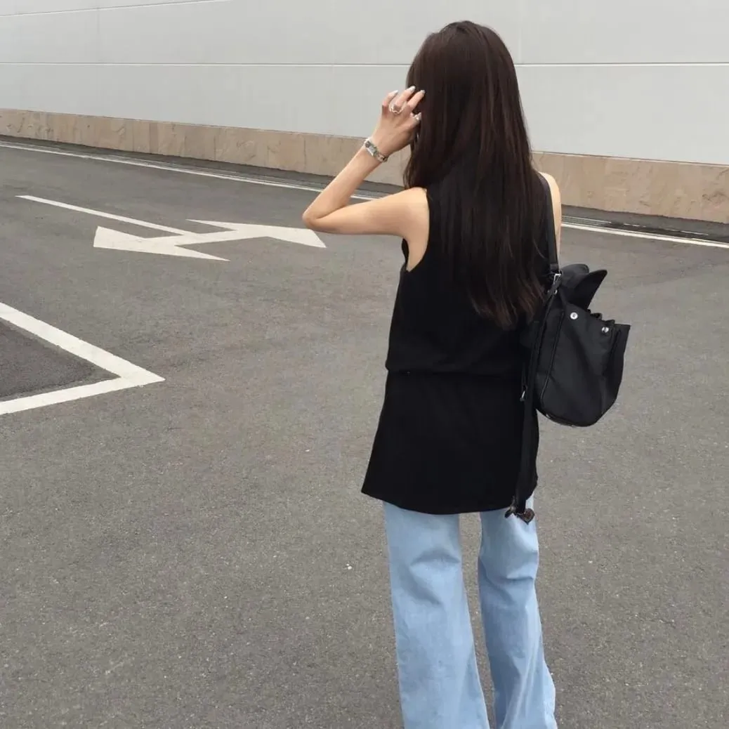 Summer Elegant Drawstring Waist Slimming Sleeveless Short Dress Comfortable Casual Style Women's Clothing Commute Suitable