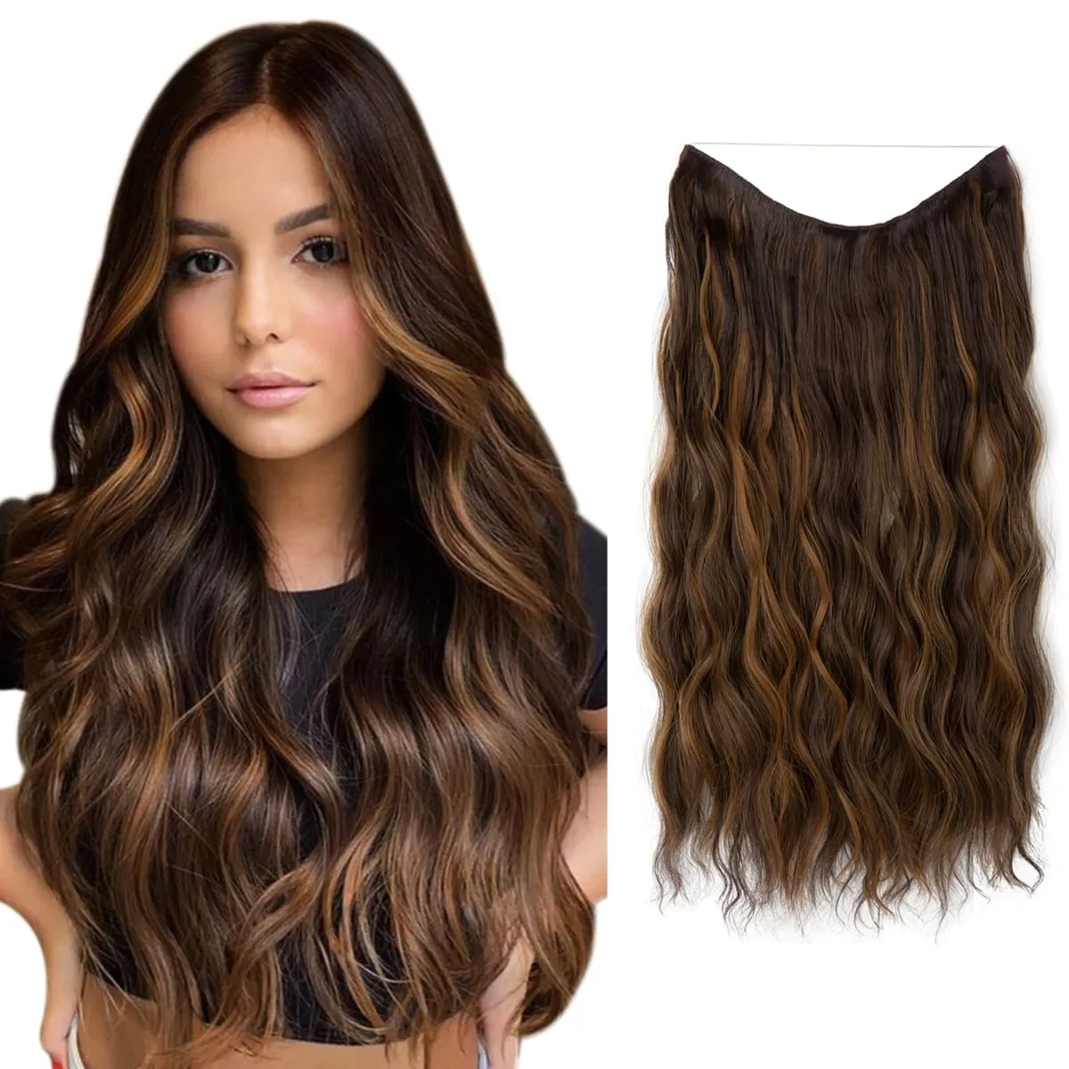 Fio invisível ondulado sintético com clipes, extensão de cabelo, linha de peixe, loiro natural, clipe em peça de cabelo falso