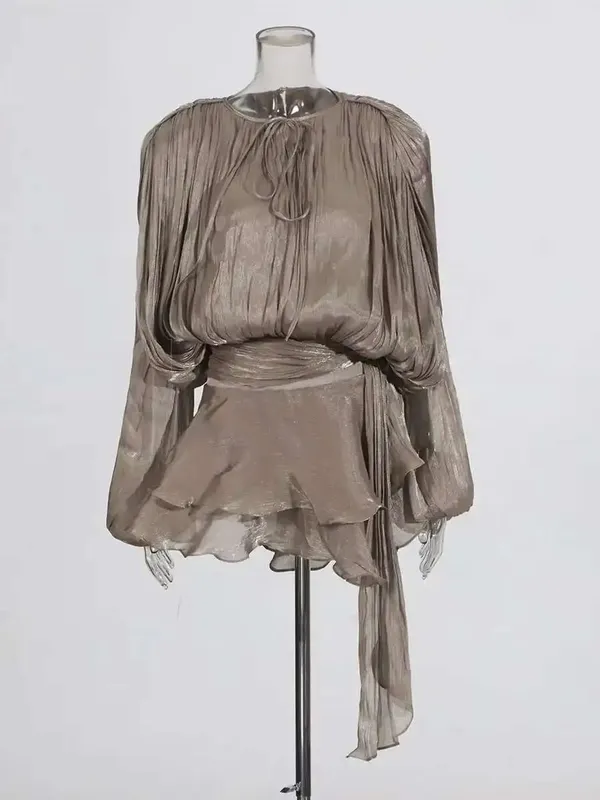 Blusa sólida mini vestidos para mulheres com decote em v manga longa emendado rendas até vestido estilo doce roupas femininas moda — image 15