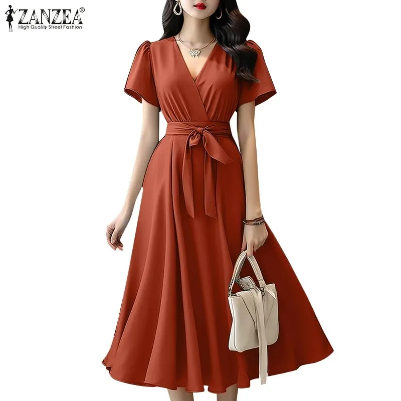 2024 Elegant Short Sleeve A-line Dresses Women Fashion Solid Color Holiday Belted Vestidos Casual V Neck Midi Sundress