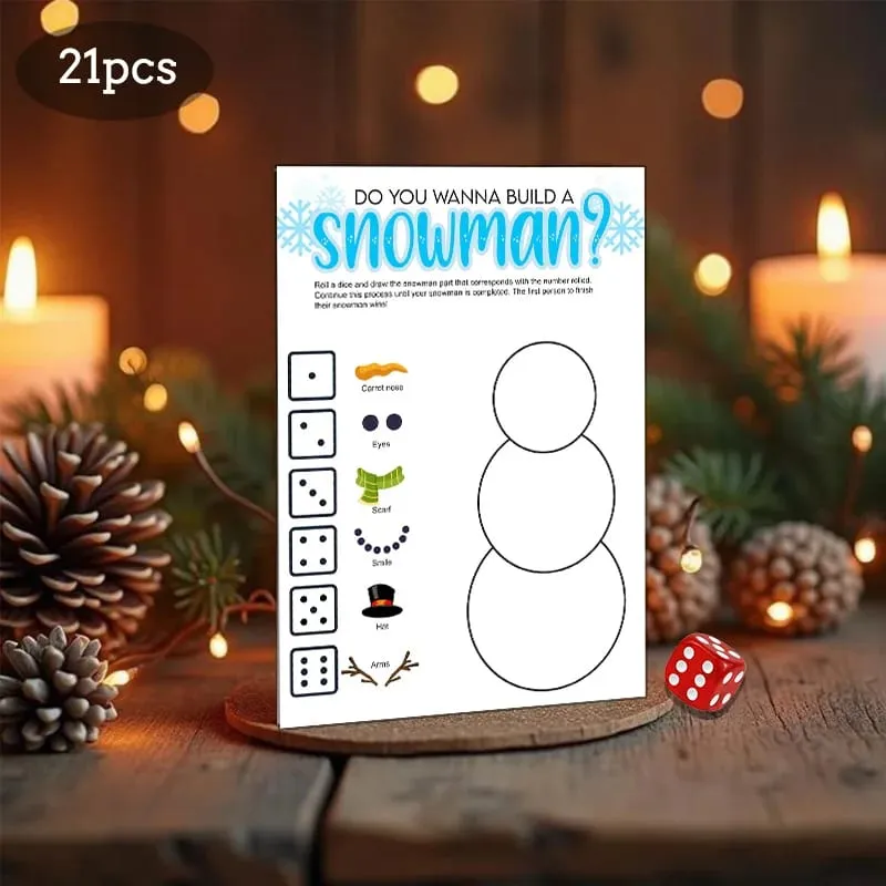21 pçs natal rolar um boneco de neve cartas de jogo conjunto de jogo de rolamento de dados jogo de desenho de boneco de neve festa de família e jogo de festa de férias