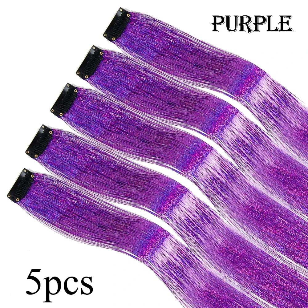 Atacado 5 unidades/pacote espumante brilhante extensões de cabelo clipe em brilho brilhante cabelo enfeites arco-íris brilhante brilho cabelo ouropel rosa/vermelho