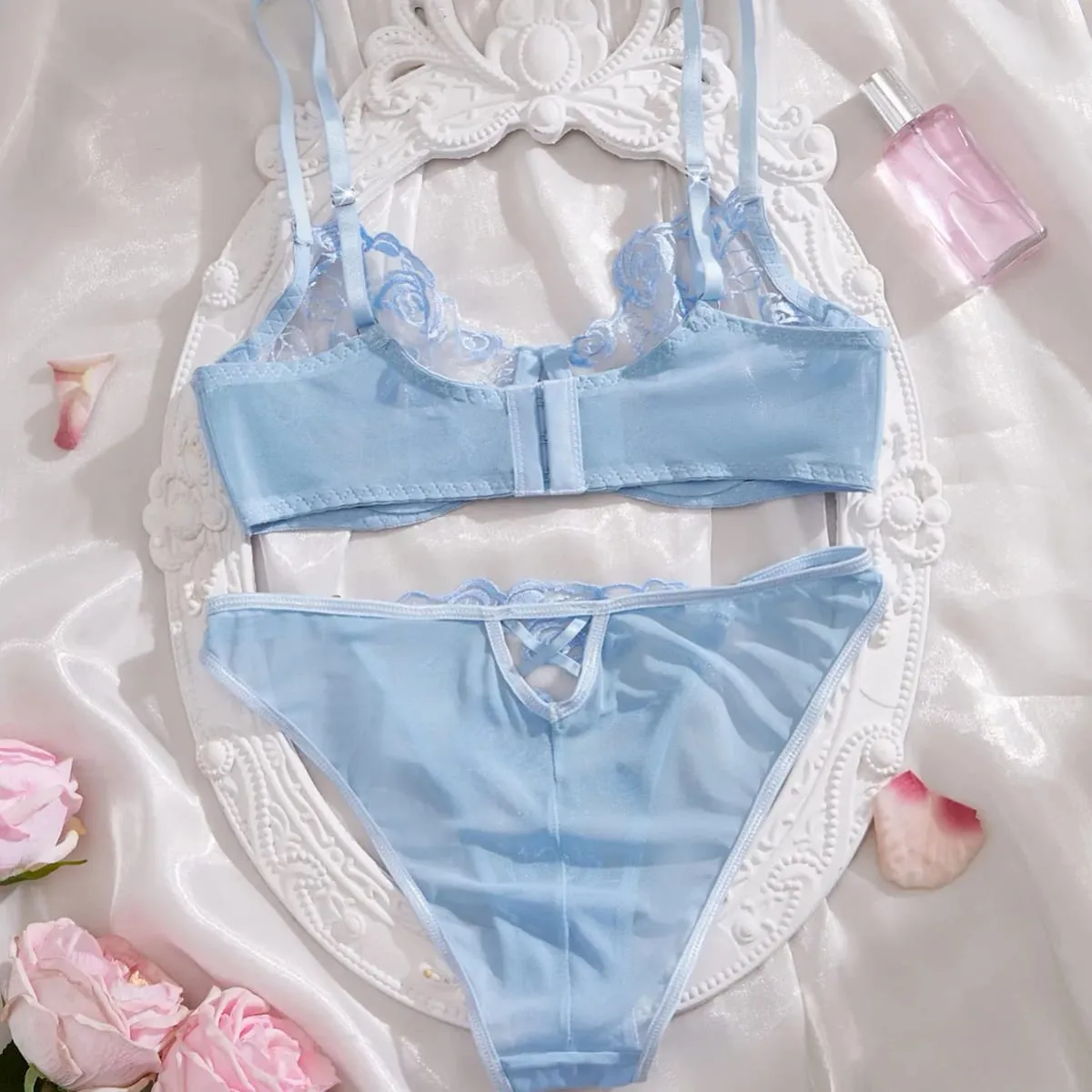 Luz azul floral rosa bordado malha lingerie conjunto underwire sutiã tanga feminino roupa interior exótica sexy íntimos sleepwears