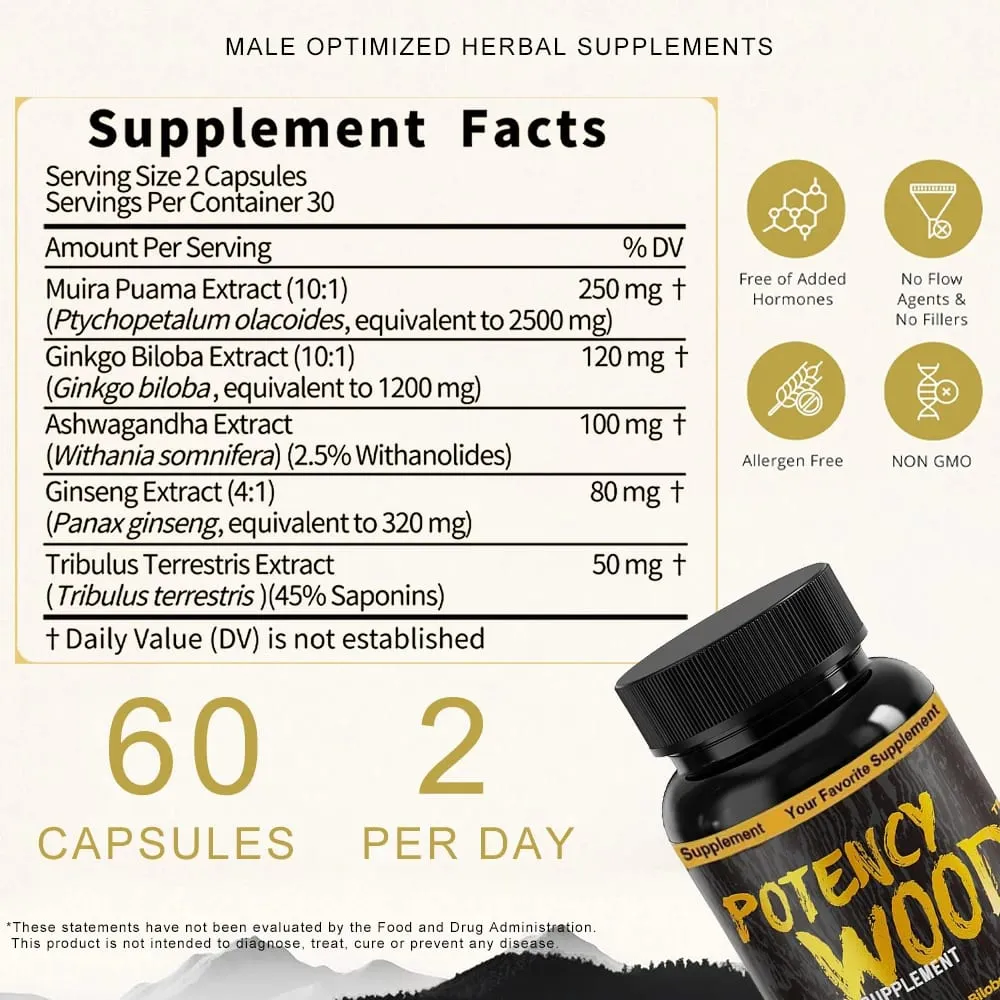 Cápsulas Potency Wood Vitality Boost - Suplemento Energy Libido Focus - Ginseng Ashwagandha Herbal Supplements 60 Cápsulas