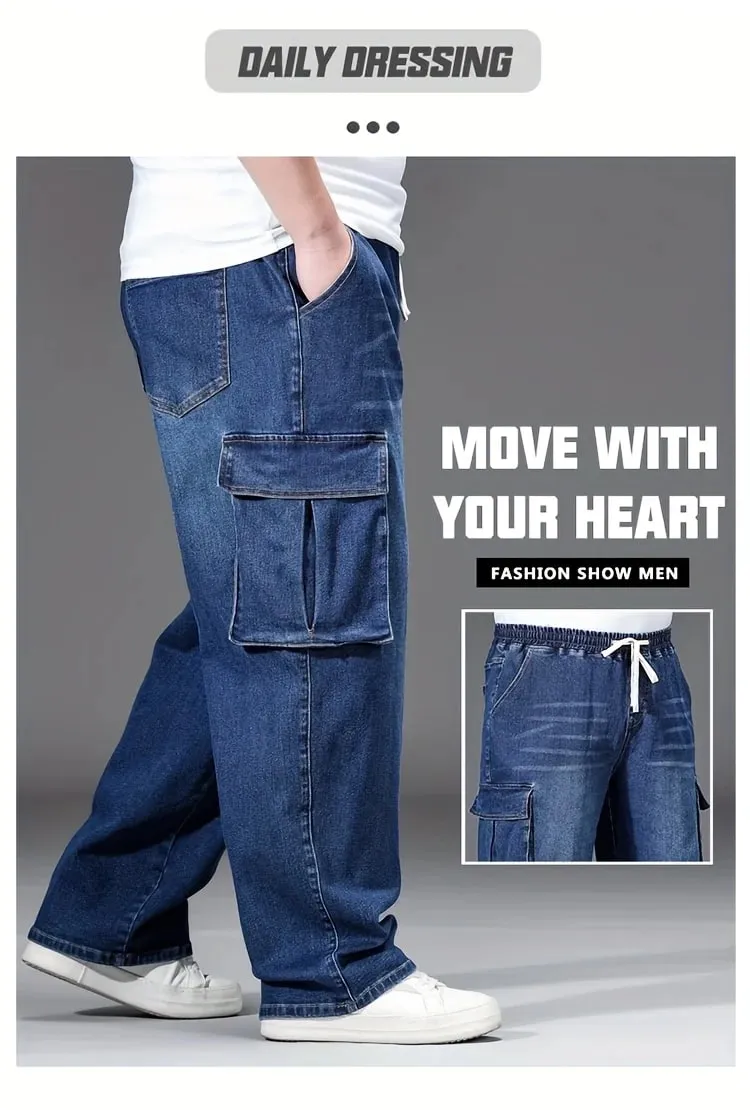 2026 novos homens calças de brim de grandes dimensões cintura alta elástico cordão estiramento baggy denim calças casuais versátil plus size