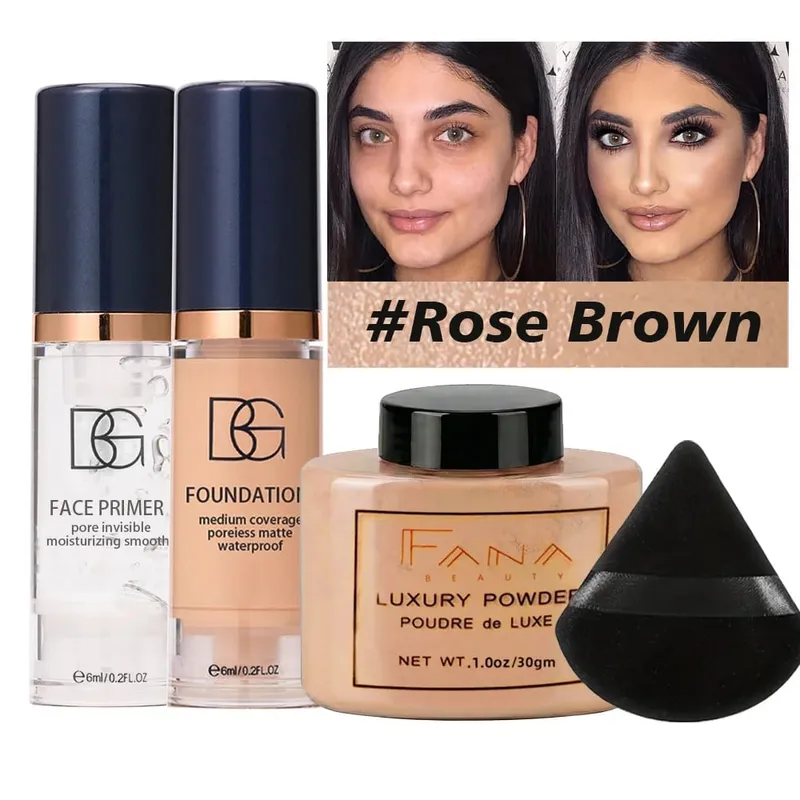 4-Pcs Set Face Makeup Bundle - Smoothing Primer Matte Foundation Setting Powder with Puff - Long-Lasting Waterproof Value Pack