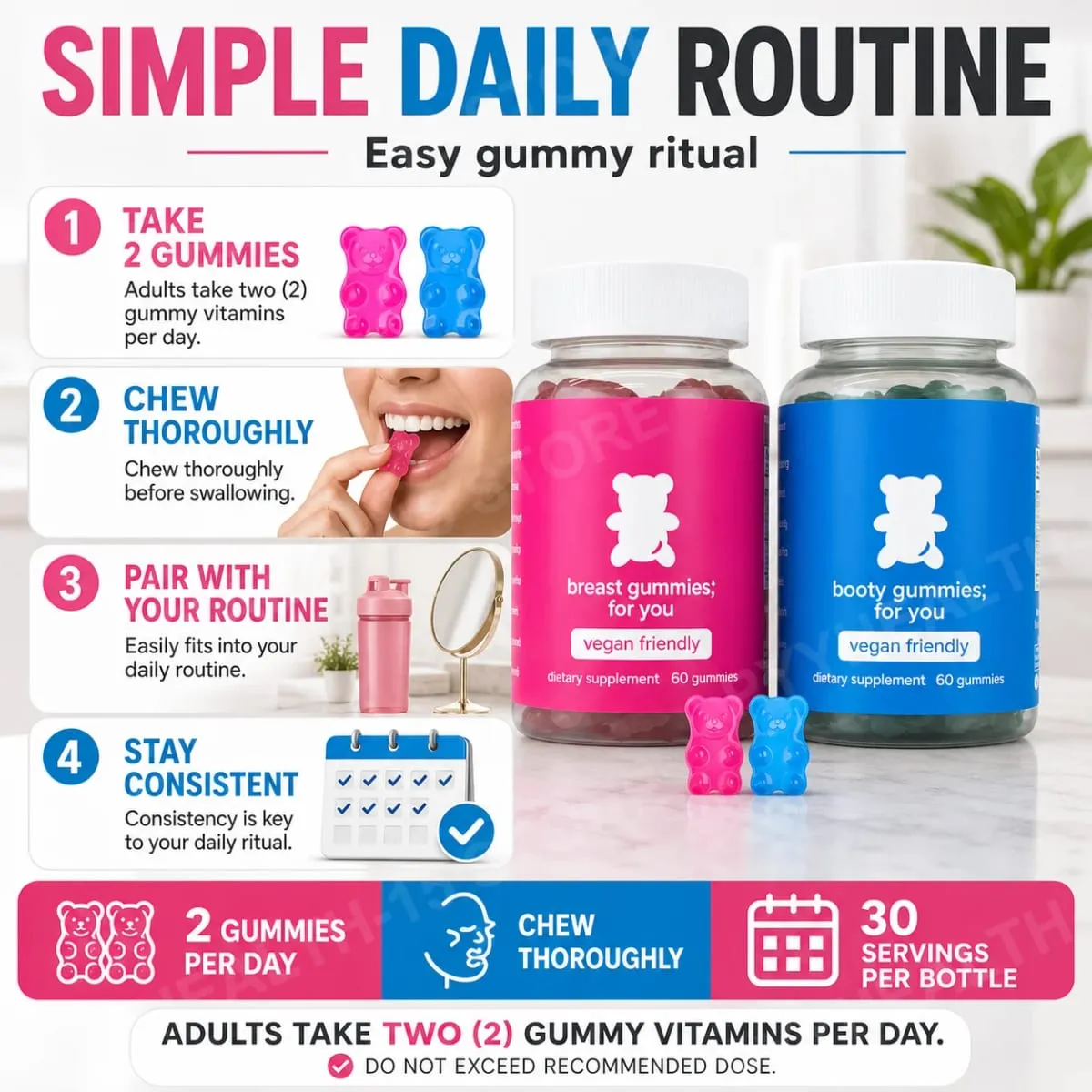 Top&Peach Support Combo Pack Gomas multivitamínicas para mulheres inclui extratos de ervas e vitaminas essenciais sem glúten 60 contagens