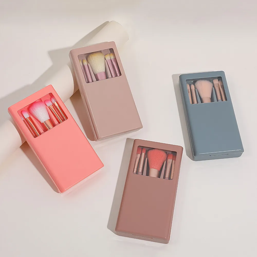 Mini conjunto de pincéis de maquiagem portátil com estojo de espelho 5pcs pincéis de maquiagem de viagem para base corretivo de sombra