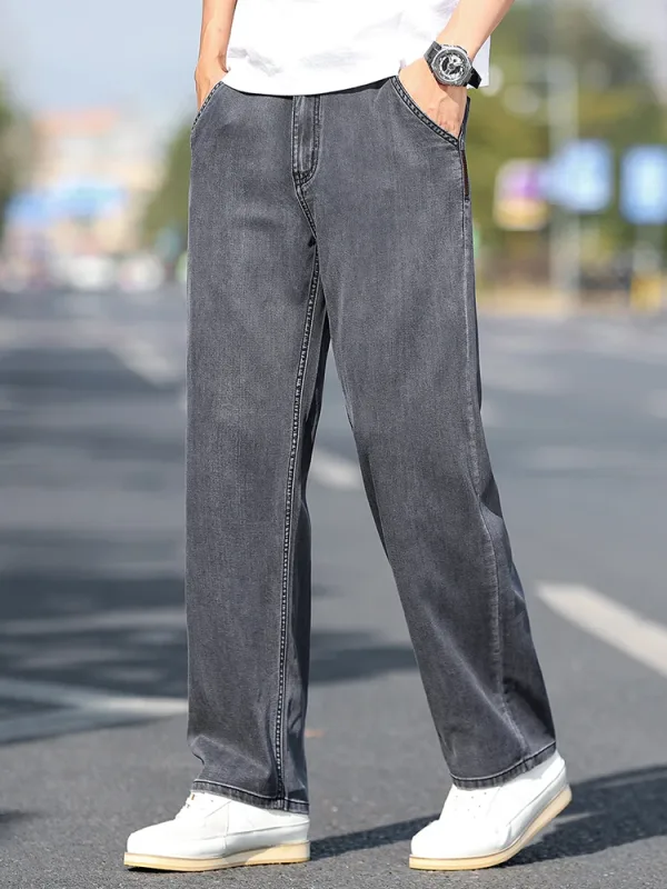 Calças de brim finas masculinas de perna larga solta lyocell macio drape tecido conforto calças primavera verão marca de moda calças jeans de lavagem